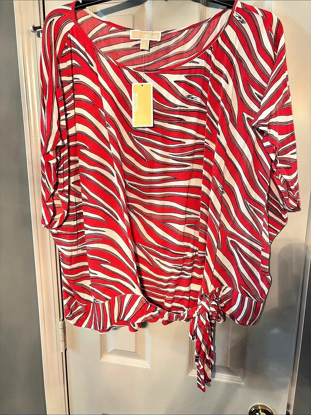 Michael Kors Red & White Zebra Print Tie-Hem Dolman Sleeve Tunic NWT